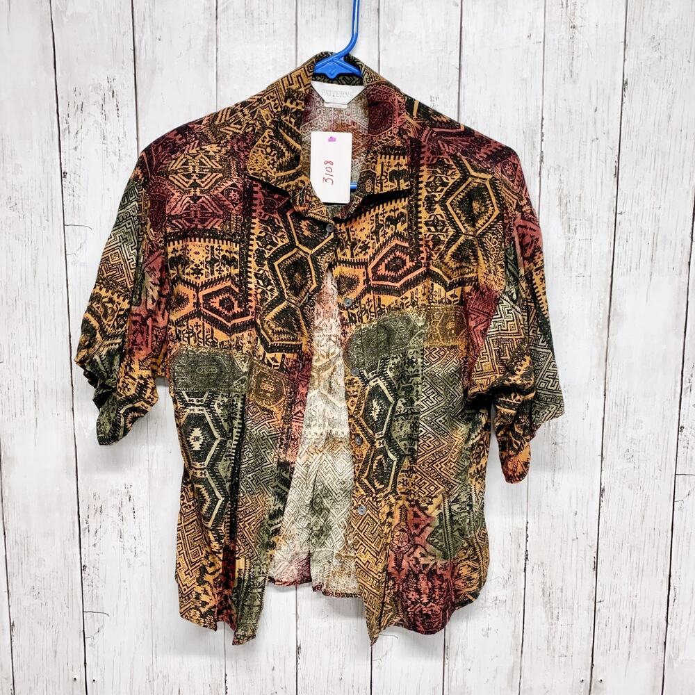 Vintage Patterns Shirt Women Large Geo Print Short Sleeve Button Down Blouse Y2K